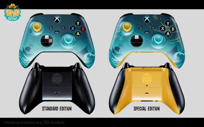 A front and back image of both controllers. The standard with the black back plate, the special with a golden yellow background.

Both controllers feature the SoTFest logo in a slightly lighter colour than the back plate.