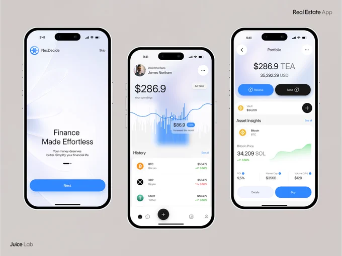 Modern fintech mobile app concept featuring onboarding screens, portfolio tracking, cryptocurrency assets, financial analytics, transaction management, and a clean blue and white user interface focused on simplicity and usability.