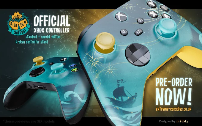 A promotional image showcasing the official SoTFest Xbox controller as designed by Middy. The image shows a large close up of the special edition controller, it has a teal background featuring a dark blue silhouette along the lower parts of the controller showing a sailing sloop along the waves. Across the face plate shows golden fireworks lighting up the sky. The buttons are black with silver lettering. Along side it but smaller is the standard controller as above but without the fireworks and has standard Xbox buttons.
