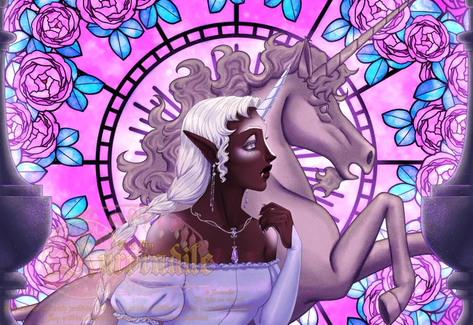 A humanoid character with dark skin and light purple make-up and markings, with long white hair woven into a single braid. She has a unicorn horn protruding from her fore head and fangs that poke out from her top lip. She wears silver jewelry, with most likely amethysts embedded within them. A statue stands tall behind her, a unicorn rearing on its hind legs and kicking the front pair. Behind that statue is a giant stained glass window, with all its pink and blues.