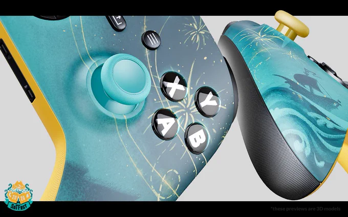 A promotional image showcasing the official SoTFest Xbox controller as designed by Middy. The image shows a large close up of the right side of the special edition controller, it has a teal background with golden fireworks lighting up the sky. The buttons are black with silver lettering. On the right side, there is a close up of the other side of the controller which shows a dark silhouette of a sloop sailing on choppy seas