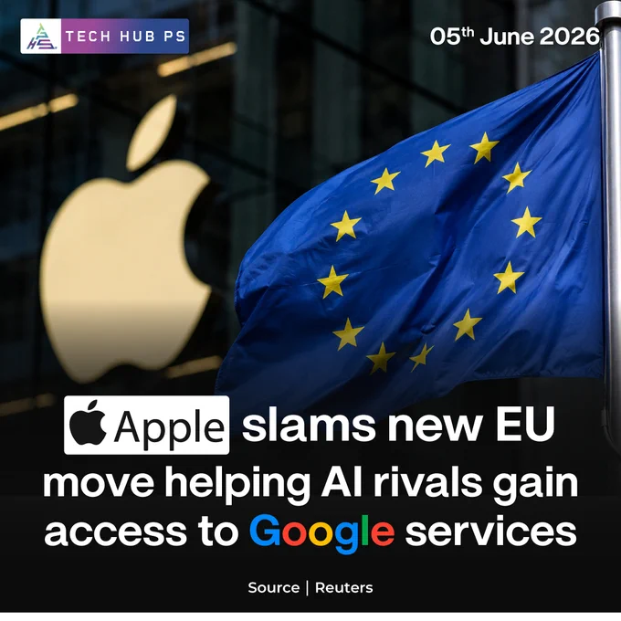 Apple logo and EU flag with headline "Apple slams new EU move helping AI rivals gain access to Google services."