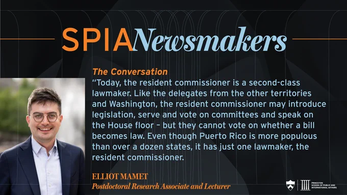 Image featuring a person in a professional setting next to a text block. The text is titled SPIA Newsmakers and includes a conversation about the limitations of Puerto Rico's representation in the House.