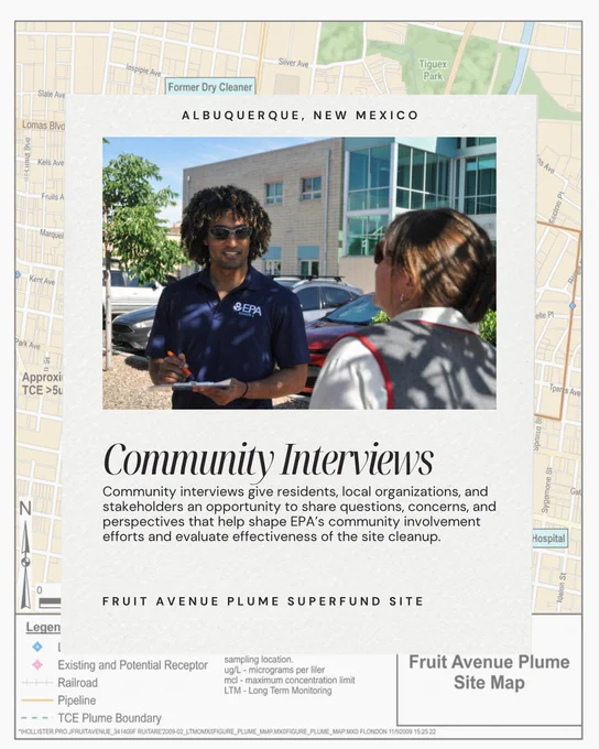 Image of a man wearing a shirt with an EPA logo and holding a clipboard. He is talking to another person. Text underneath: “Community Interviews. Community interviews give residents, local organizations, and stakeholders an opportunity to share questions, concerns, and perspectives that help shape EPA’s community involvement efforts and evaluate effectiveness of the site cleanup. Fruit Avenue Plume Superfund Site.” 
