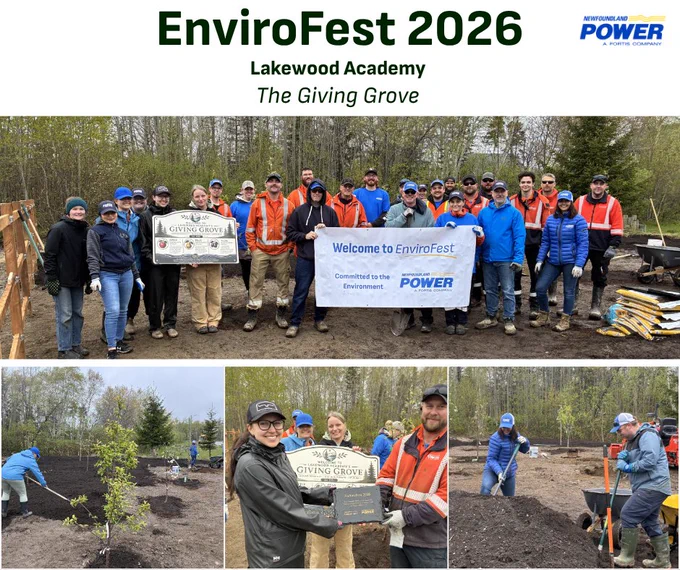 A collage-style image for EnviroFest 2026 at Lakewood Academy titled “The Giving Grove,” with the Newfoundland Power logo at the top. The main image shows a large group of people gathered outdoors at a tree planting site, holding a “Welcome to EnviroFest” banner and a “Giving Grove” sign. Soil beds, tools, and newly planted trees are visible, with some participants wearing outdoor work gear and high-visibility vests. Below, three smaller images show tree planting activities, a small group holding a commemorative plaque, and people working with shovels and soil in the landscaped area.