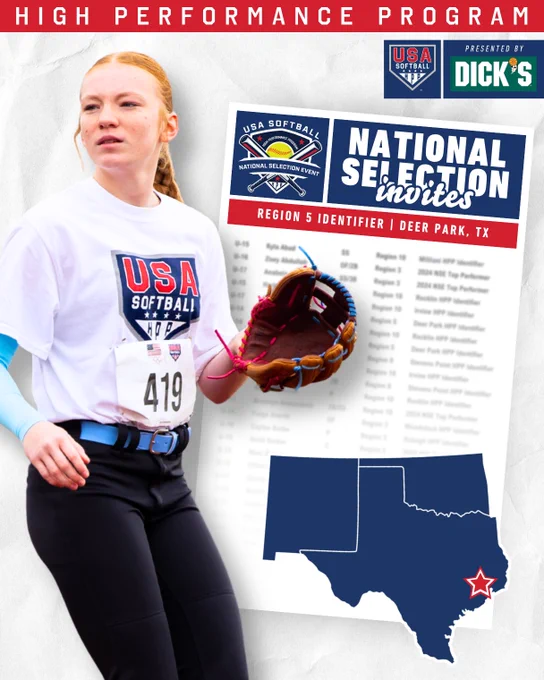 A young athlete participates in the USA Softball high performance program selection event in Deer Park, Texas. The event is presented by Dick's Sporting Goods, featuring regional scouts.