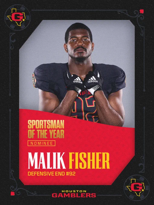 Portrait of Malik Fisher, nominated for Sportsman of the Year as a defensive end for the Houston Gamblers. The image has a strong and determined tone.