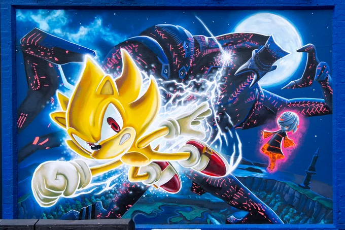 Sonic the Hedgehog mural based on the Super Sonic vs. Giganto boss fight from Sonic Frontiers.