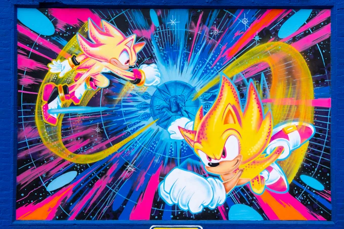 Sonic the Hedgehog mural based on the Super Sonic and Super Shadow fight against Space Colony Ark in Sonic Adventure 2.