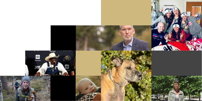 A compilation of photos and CU gold, gray, and black colored squares. Photos are of patients who have got treatment at the CU Anschutz Cancer Center. 