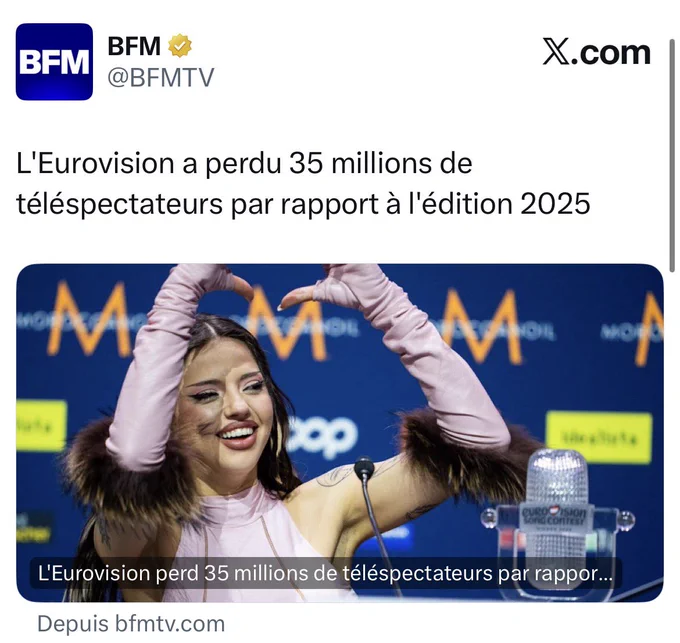 BFM : L'Eurovision a perdu 35 millions de téléspectateurs par rapport à l'édition 2025