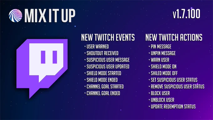 Promotional graphic for Mix It Up v1.7.100 featuring a large Twitch logo on a blue-to-purple starry background. Text highlights new Twitch events: user warned, shoutout received, suspicious user message/updated, shield mode started/ended, and channel goal started/ended. It also lists new Twitch actions: pin/unpin message, warn user, enable/disable shield mode, manage suspicious user status, block/unblock user, and update redemption status.