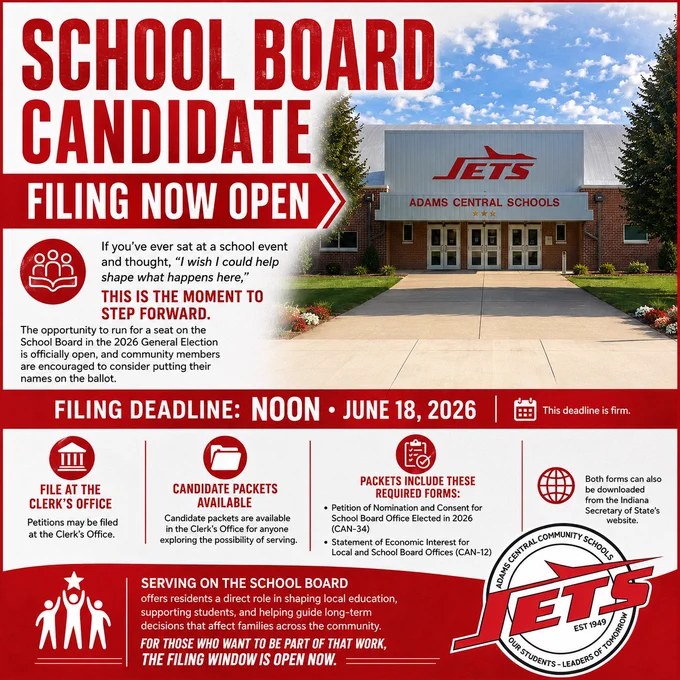 picture of the school with a list of criteria for filing to run for the school board.