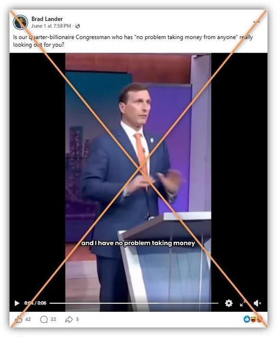 Screenshot of a Facebook post with an orange x across it to indicate it is misleading