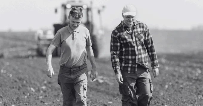 Two people walking on a plowed field with a tractor in the background.