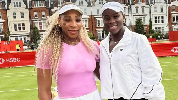Serena Williams, left, and Victoria Mboko pose for a photograph together. The duo will partner up in the women's doubles tournament at the Queen's Club event, which begins on June 8. (vickymboko/Instagram)
