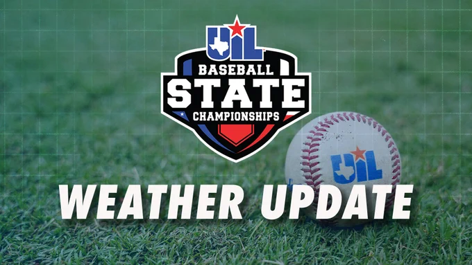 Photo of a baseball on grass. UIL Baseball State Championships Logo.