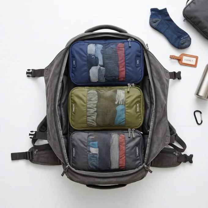 Three color-coded packing cubes in navy, olive, and grey neatly packed inside an open travel backpack, overhead flat lay view.