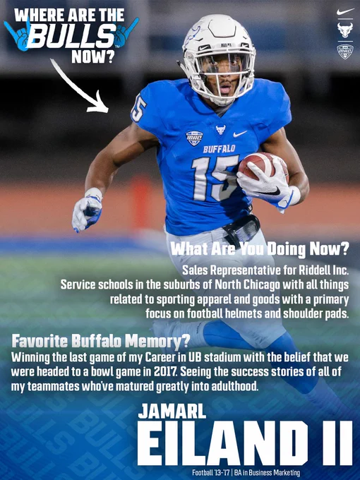 Image of Jamarl Eiland II in a UB Football uniform with the text details of his current position and his favorite memory. 
