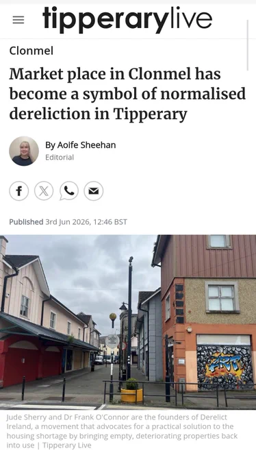 Great piece on #DerelictIreland movement by Aoife Sheehan for Tipperary Live
Towns such as Clonmel deserve so much better than this state enabled vandalism, that has negatively impacted Clonmels Market Place for so long
As well as so many other places across Ireland #RestPlayWork