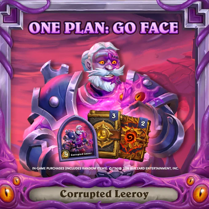 A Hearthstone graphic featuring the Corrupted Leeroy hero skin, glowing purple, with a Corrupted Leeroy portrait icon, three Paladin packs, and two Cataclysm packs, alongside the text One Plan Go Face and Corrupted Leeroy.