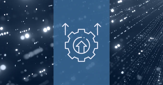 Digital gear icon with upward arrows symbolizing system upgrade or performance improvement against a blue tech background.