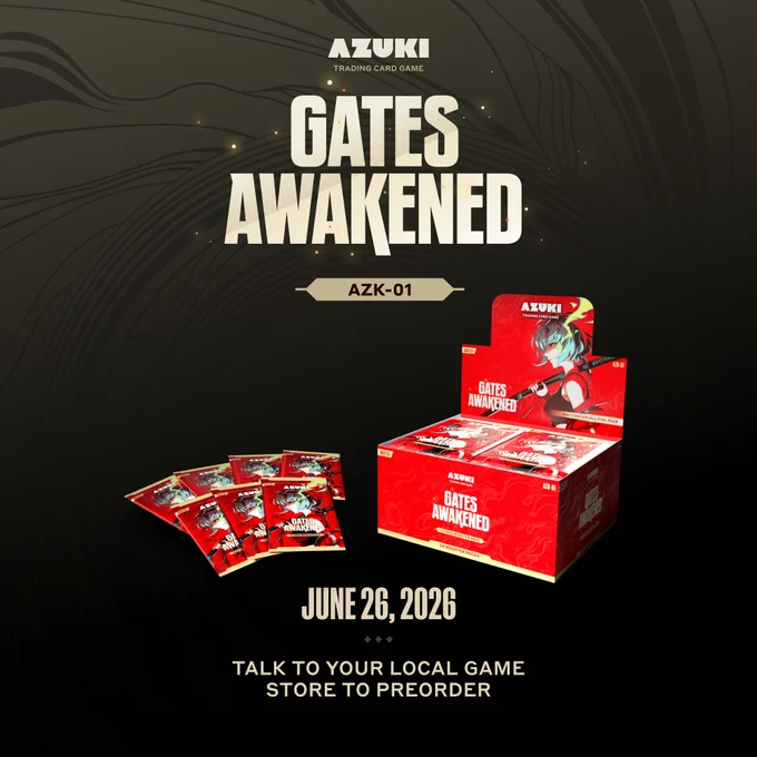 Promotional image for the Azuki trading card game's new expansion 'Gates Awakened' launching June 26, 2026. Features vibrant red packaging and emphasizes preorder availability.