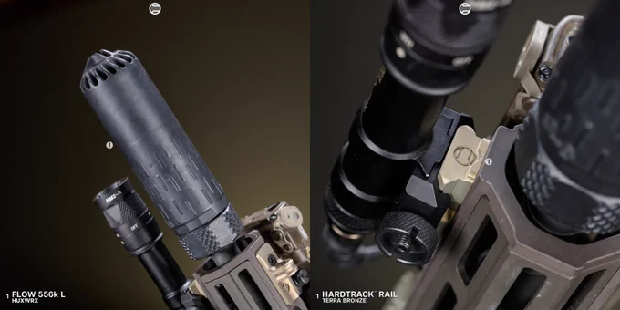 RailScales Karve-P Polymer M-LOK Handstop, HTP Scales in MLOK (MiniDot, OD Green, 2.5-Slot), QDX Sling Mount, HardTrack Rail (Picatinny MLOK Rail Section), CSMR Mag Button | Heckler & Koch 416 Post Sample MG Lower, HUXWRX Flow 556k L Suppressor on HUXWRX Flash Hider-QD 5.56, Daniel Defense 10.5 RISIII Rail & 11.5" 5.56 Barrel, L3Harris NGAL-A1 Laser, Surefire M600V Scout Light IR Weaponlight w/ Unity Tactical AXON SL Switch, Magpul 30rd Double Window EMAG, MOE-K2 Grip, and CTR Stock, EOTech EXPS3-0 HWS, Geissele URG-I ACH in DDC. 