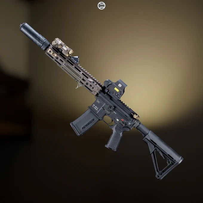 RailScales Karve-P Polymer M-LOK Handstop, HTP Scales in MLOK (MiniDot, OD Green, 2.5-Slot), QDX Sling Mount, HardTrack Rail (Picatinny MLOK Rail Section), CSMR Mag Button | Heckler & Koch 416 Post Sample MG Lower, HUXWRX Flow 556k L Suppressor on HUXWRX Flash Hider-QD 5.56, Daniel Defense 10.5 RISIII Rail & 11.5" 5.56 Barrel, L3Harris NGAL-A1 Laser, Surefire M600V Scout Light IR Weaponlight w/ Unity Tactical AXON SL Switch, Magpul 30rd Double Window EMAG, MOE-K2 Grip, and CTR Stock, EOTech EXPS3-0 HWS, Geissele URG-I ACH in DDC. 