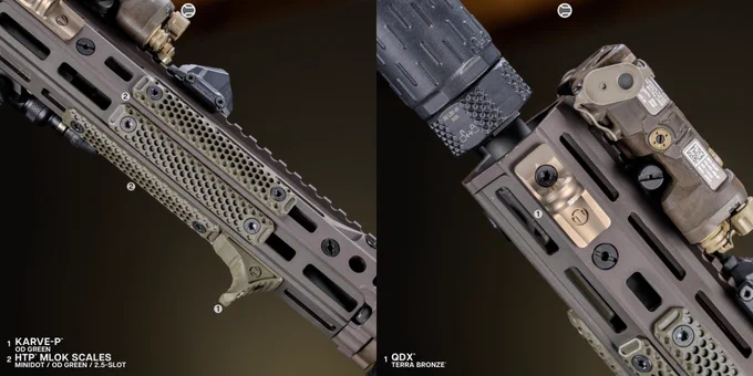 RailScales Karve-P Polymer M-LOK Handstop, HTP Scales in MLOK (MiniDot, OD Green, 2.5-Slot), QDX Sling Mount, HardTrack Rail (Picatinny MLOK Rail Section), CSMR Mag Button | Heckler & Koch 416 Post Sample MG Lower, HUXWRX Flow 556k L Suppressor on HUXWRX Flash Hider-QD 5.56, Daniel Defense 10.5 RISIII Rail & 11.5" 5.56 Barrel, L3Harris NGAL-A1 Laser, Surefire M600V Scout Light IR Weaponlight w/ Unity Tactical AXON SL Switch, Magpul 30rd Double Window EMAG, MOE-K2 Grip, and CTR Stock, EOTech EXPS3-0 HWS, Geissele URG-I ACH in DDC. 