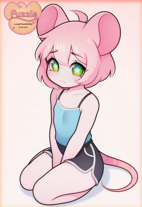 Digital anime-style illustration of a cute pink mouse-like character with large ears, green starry eyes, and a blue top with dark shorts. The character is sitting shyly against a soft pastel background with clean, glossy shading.