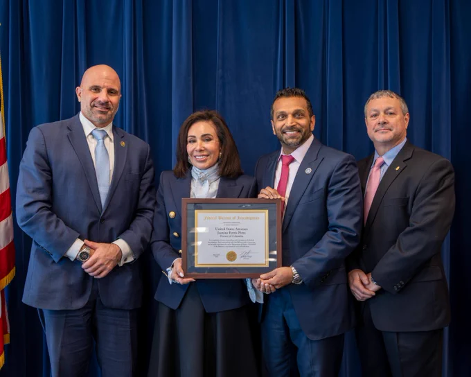 Co-Deputy Director Chris Raia, U.S. Attorney Jeanine Ferris Pirro, Director Kash Patel, and Assistant Director in Charge Darren Cox