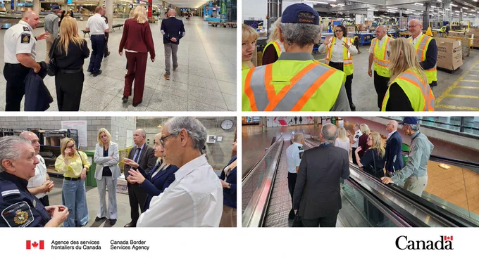 Un montage de quatre photos montrant des représentants des administrations douanières des Pays-Bas, de la Belgique et de la France en discussion avec des représentants de l'Agence des services frontaliers du Canada (ASFC) et visitant les installations de l'ASFC au Port de Montréal, l'Établissement de traitement du courrier Léo-Blanchette et à l'Aéroport international Montréal-Trudeau.