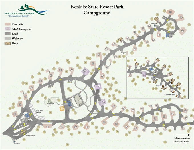 A detailed map of Kenlake State Resort Park Campground, showing campsites, ADA campsites, roads, walkways, and decks. The map includes an inset for additional campsites. Key landmarks and pathways are clearly marked for navigation.