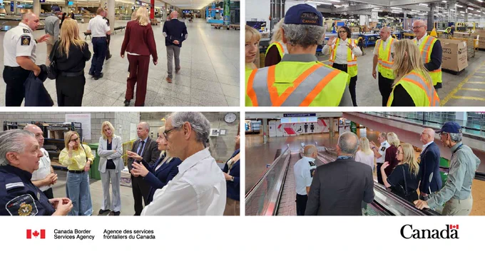 A collage of four photos showing representatives of the customs administrations of the Netherlands, Belgium, and France engaging with representatives of the Canada Border Services Agency (CBSA), and touring CBSA operations at the Port of Montreal, the Léo-Blanchette Mail Processing Centre, and Montréal-Trudeau International Airport.