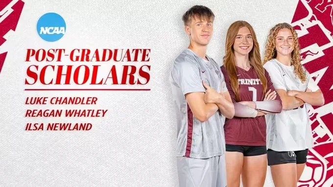 Photos of Luke Chandler, Reagan Whatley, and Ilsa Newland with arms crossed smiling with NCAA logo