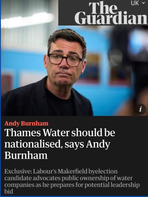 Screenshot of Guardian headline of Andy Burnham saying he could nationalise Thames Water