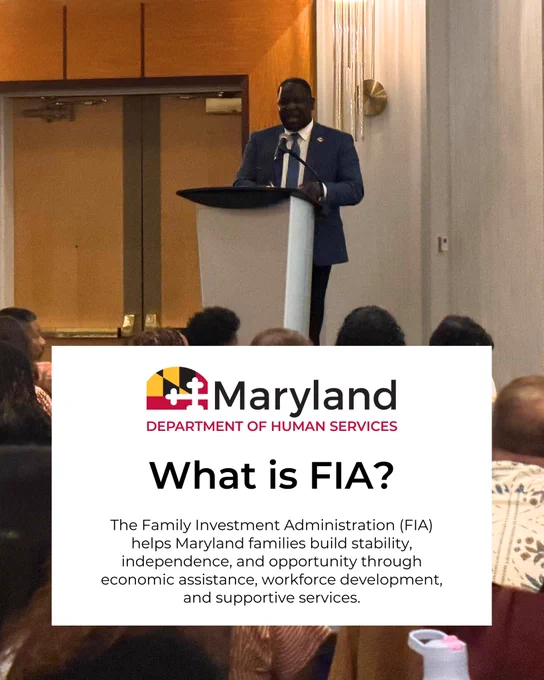 A photograph of Augustin Ntabaganyimana speaking at a podium before an audience, overlaid with a large white graphic from the Maryland Department of Human Services that reads, "What is FIA? The Family Investment Administration (FIA) helps Maryland families build stability, independence, and opportunity through economic assistance, workforce development, and supportive services.”