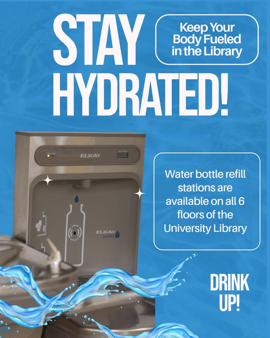 Promotional poster with a blue water-themed background encouraging hydration in the University Library. Large white text reads, "STAY HYDRATED!" and "Keep Your Body Fueled in the Library." A photo of an Elkay ezH2O water bottle refill station is shown with water splash graphics. Additional text states, "Water bottle refill stations are available on all 6 floors of the University Library" and "DRINK UP!"