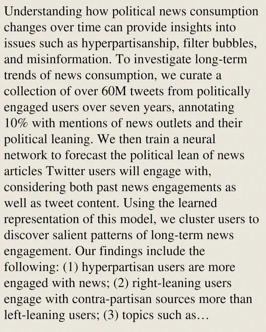Understanding how political news consumption changes over time can provide insights into issues such as hyperpartisanship, filter bubbles, and misinformation. To investigate long-term trends of news consumption, we curate a collection of over 60M tweets from politically engaged users over seven years, annotating 10% with mentions of news outlets and their political leaning. We then train a neural network to forecast the political lean of news articles Twitter users will engage with, considering both past news engagements as well as tweet content. Using the learned representation of this model, we cluster users to discover salient patterns of long-term news engagement. Our findings include the following: (1) hyperpartisan users are more engaged with news; (2) right-leaning users engage with contra-partisan sources more than left-leaning users; (3) topics such as immigration, COVID-19, Islamaphobia, and gun control are salient indicators of engagement with low quality news sources.