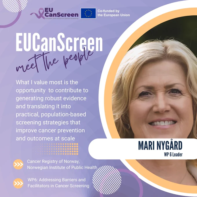 Portrait of Mari Nygård featured in the EUCanScreen “Meet the People” campaign, highlighting her work in cancer prevention, early detection, and improving screening programmes through European collaboration.