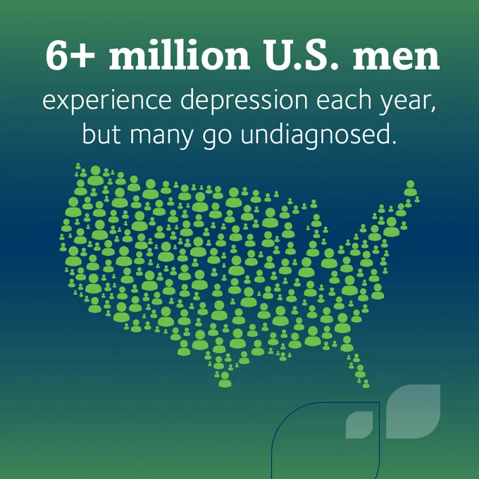 Map of the USA filled with green icons of people. Text reads: "6  million U.S. men experience depression each year, but many go undiagnosed."