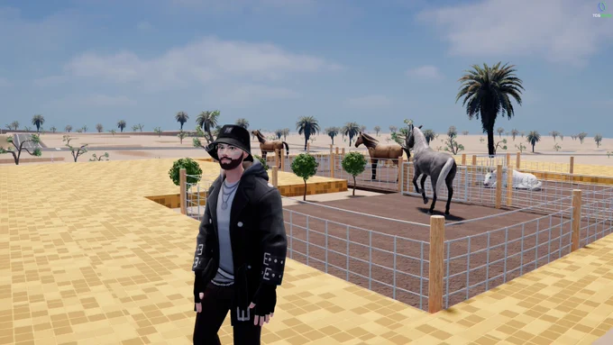 TCG World gameplay screenshot showing a player standing on a farm plot with horses, animal pens, crops, and an open landscape in Los Solaris.