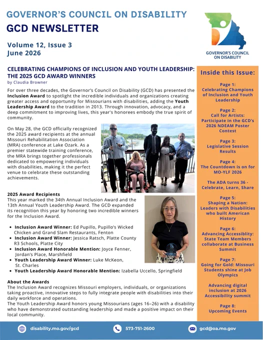 Page 1 of the GCD Newsletter June 2026 
https://disability.mo.gov/gcd/files/newsletter-volume-12-issue-3.pdf