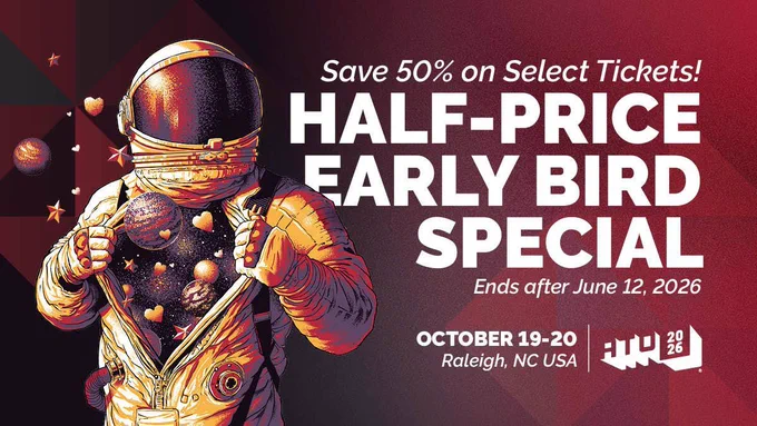 Astro opens his suit superman-style to reveal hearts and planets. Text reads: Save 50% on select tickets! Half-price early bird special. Ends after June 12, 2026. October 19-20. Raleigh, NC, USA. ATO 2026.