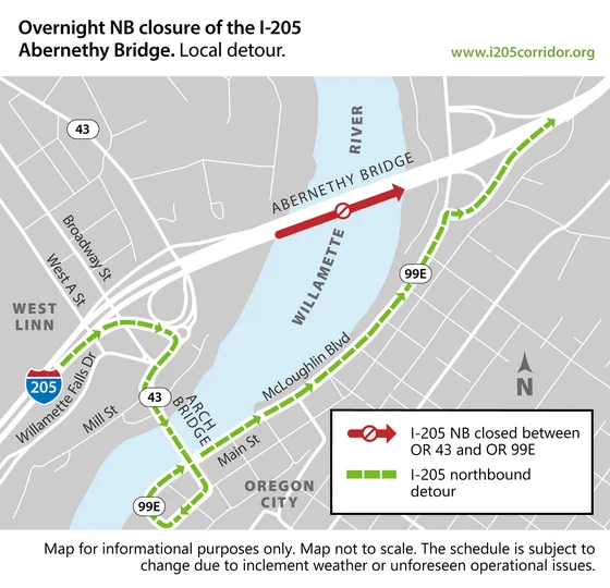 Map showing a detour due to the overnight northbound closure of the I-205 Abernethy Bridge. The closed section is marked in red, while the detour route is in green via OR 43 and OR 99E. Key locations like the Willamette River, West Linn, and Oregon City are labeled. A legend explains symbols for the closed section and detour. The map includes a note about potential schedule changes.