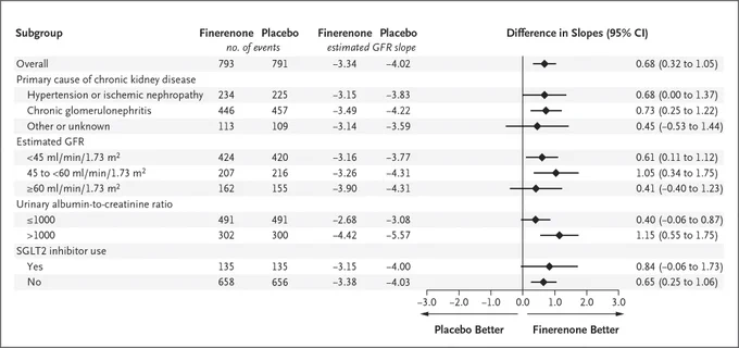 This image is a forest plot for the annual rate of change in the eGFR according to subgroup. Subgroups include primary causes of chronic kidney disease, estimated GFR, and SGLT2 inhibitor use. The plot shows the difference in slopes with 95% CI for each subgroup. 