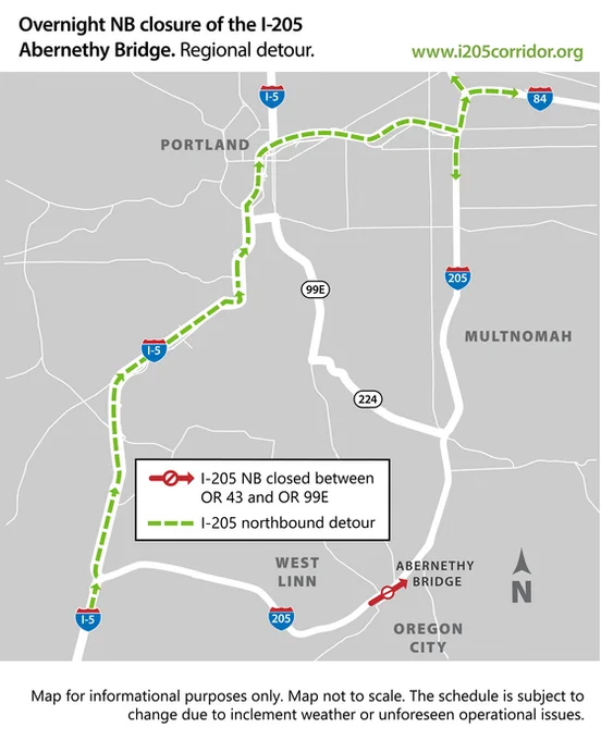 Map showing the closure of the I-205 northbound at Abernethy Bridge, with a detour route through OR 43 and OR 99E, near Portland, West Linn, and Oregon City. The map includes highways I-5 and I-84 and is labeled as not to scale.