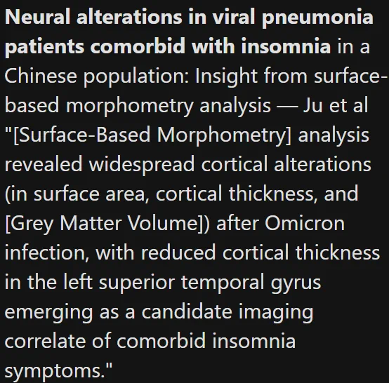 Neural alterations in viral pneumonia patients comorbid with insomnia in a Chinese population: Insight from surface-based morphometry analysis — Ju et al
"[Surface-Based Morphometry] analysis revealed widespread cortical alterations (in surface area, cortical thickness, and [Grey Matter Volume]) after Omicron infection, with reduced cortical thickness in the left superior temporal gyrus emerging as a candidate imaging correlate of comorbid insomnia symptoms."