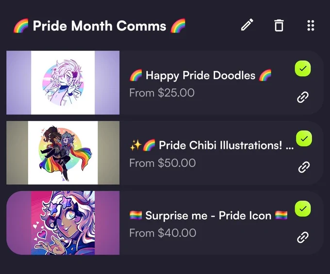 VGen commissioning listing of a variety of pride month comms